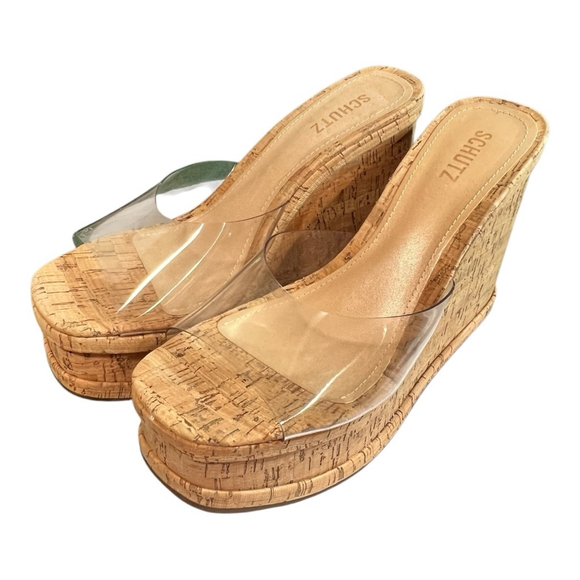 Schutz Size 10.5 Women's Dalle Vinyl Cutout Platform Wedge Sandals Cork NEW - Picture 4 of 11